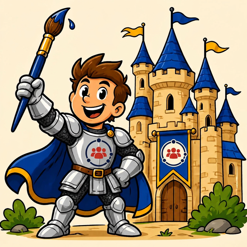 Cartoon knight holding a paintbrush, wearing the round blue-and-red Roundtable emblem on his chest plate, beside a castle flying a banner with the same Roundtable emblem